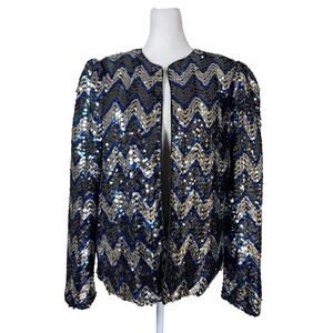 Vintage ‘80s Three Flaggs Black, Blue & Silver Sequined Open Front Jacket